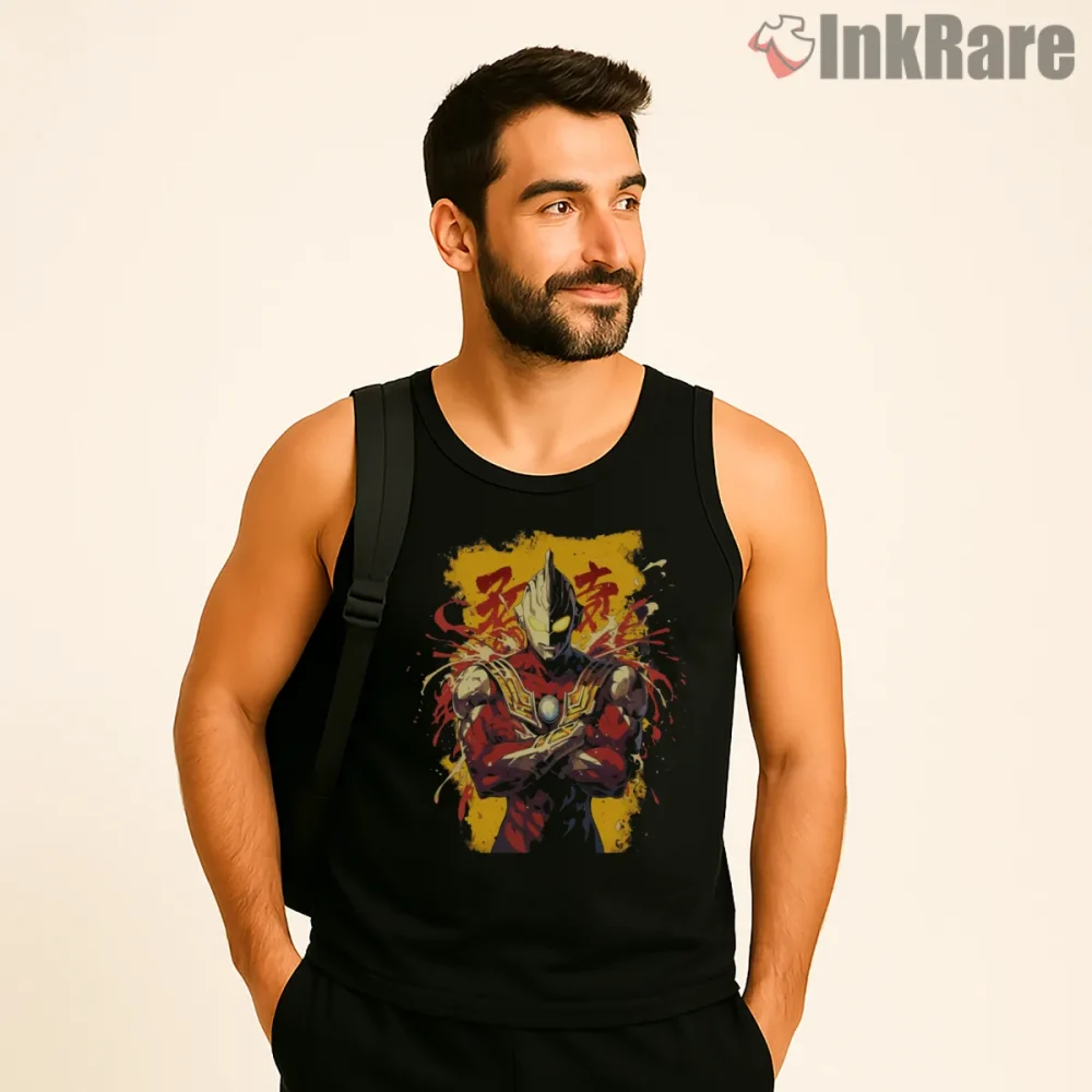 Ultraman Fiery Paint Splash Power Portrait Shirt on black tank top for men graphic tee