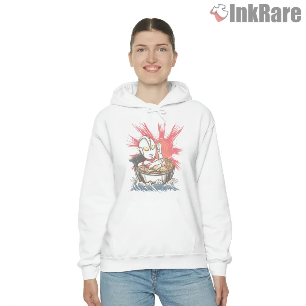 Ultraman Giant Ramen Bowl Hero Shirt on white hoodie for women graphic tee