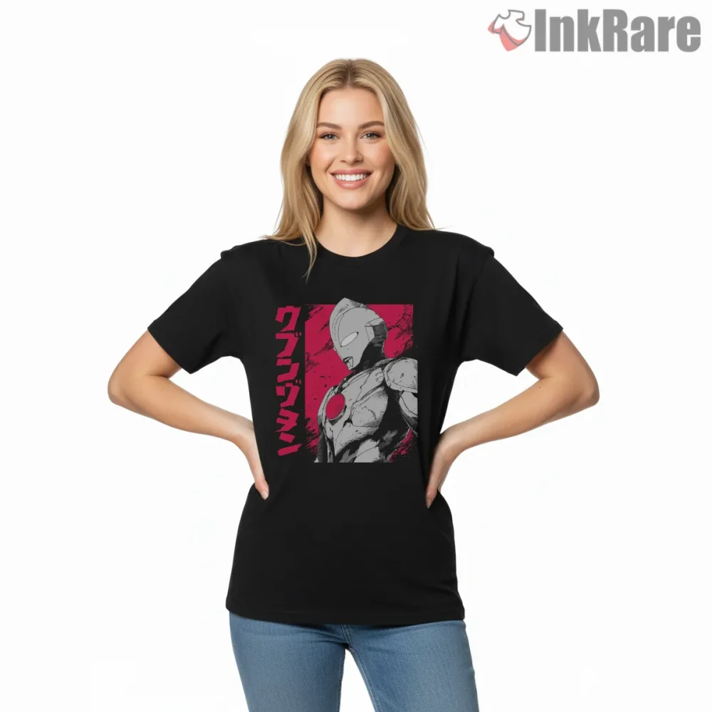 Ultraman Japanese Manga Style Hero Portrait Shirt on black short sleeve shirt for women graphic tee