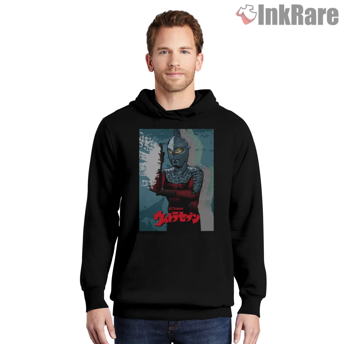 Ultraman Japanese Retro Kaiju Hunter Poster Shirt on black hoodie for men graphic tee