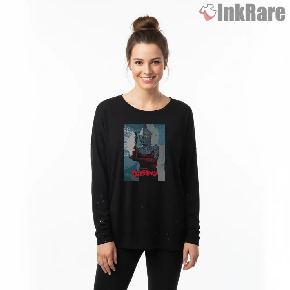 Ultraman Japanese Retro Kaiju Hunter Poster Shirt on black long sleeve shirt for women graphic tee