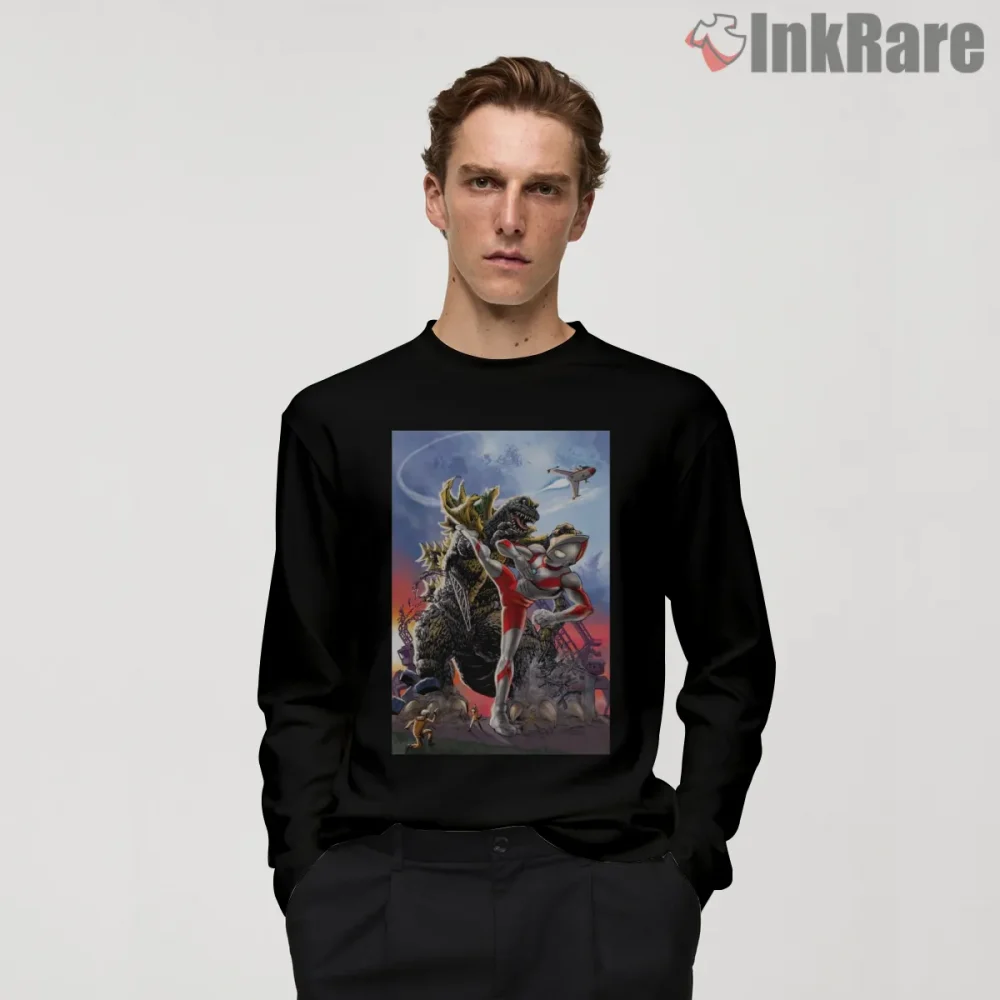 Ultraman Kaiju Battle Epic Fight Scene Shirt on black long sleeve shirt for men graphic tee