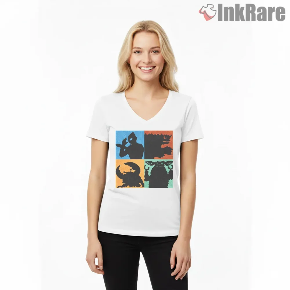 Ultraman Kaiju Minimalist Monster Icons Shirt on white v-neck shirt for women graphic tee
