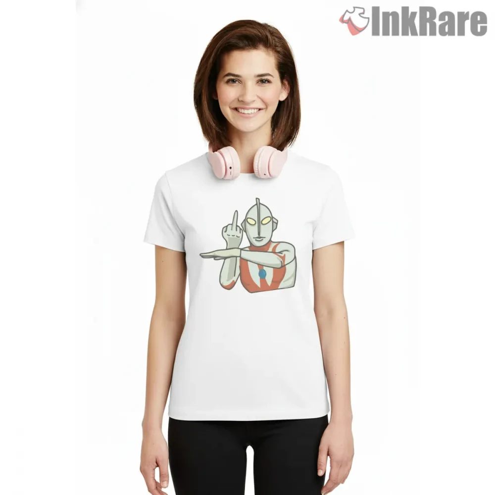 Ultraman Playful Rebel Gesture Cartoon Shirt on white short sleeve shirt for women graphic tee