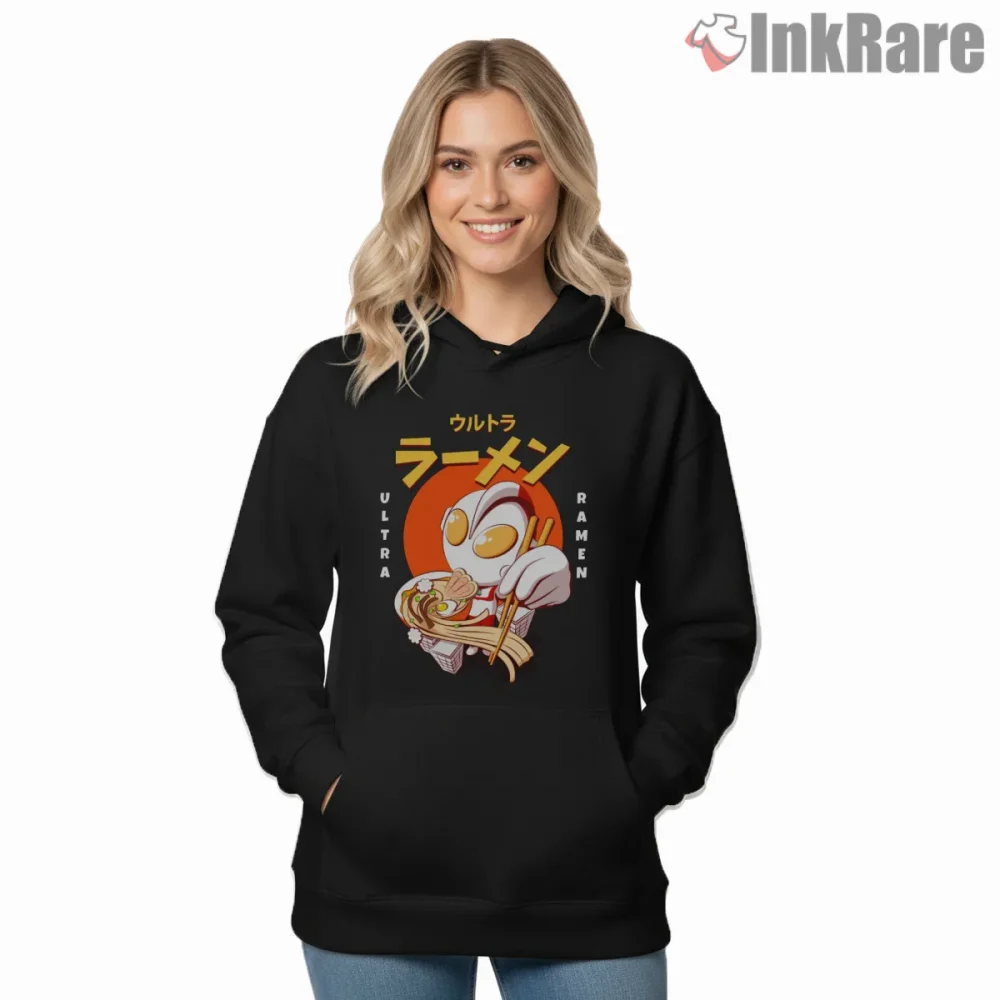 Ultraman Ramen Lover Japanese Food Cartoon Shirt on black hoodie for women graphic tee