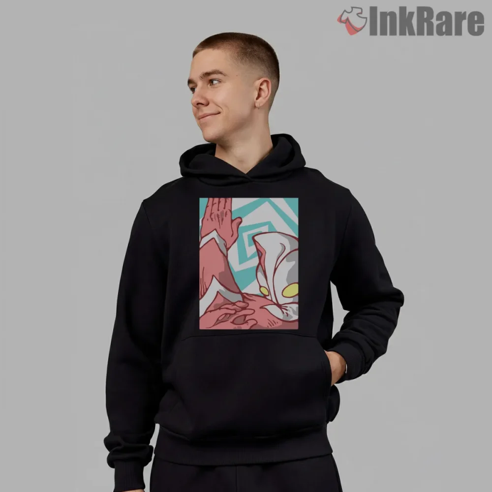 Ultraman Retro Cartoon Action Pose Shirt on black hoodie for men graphic tee