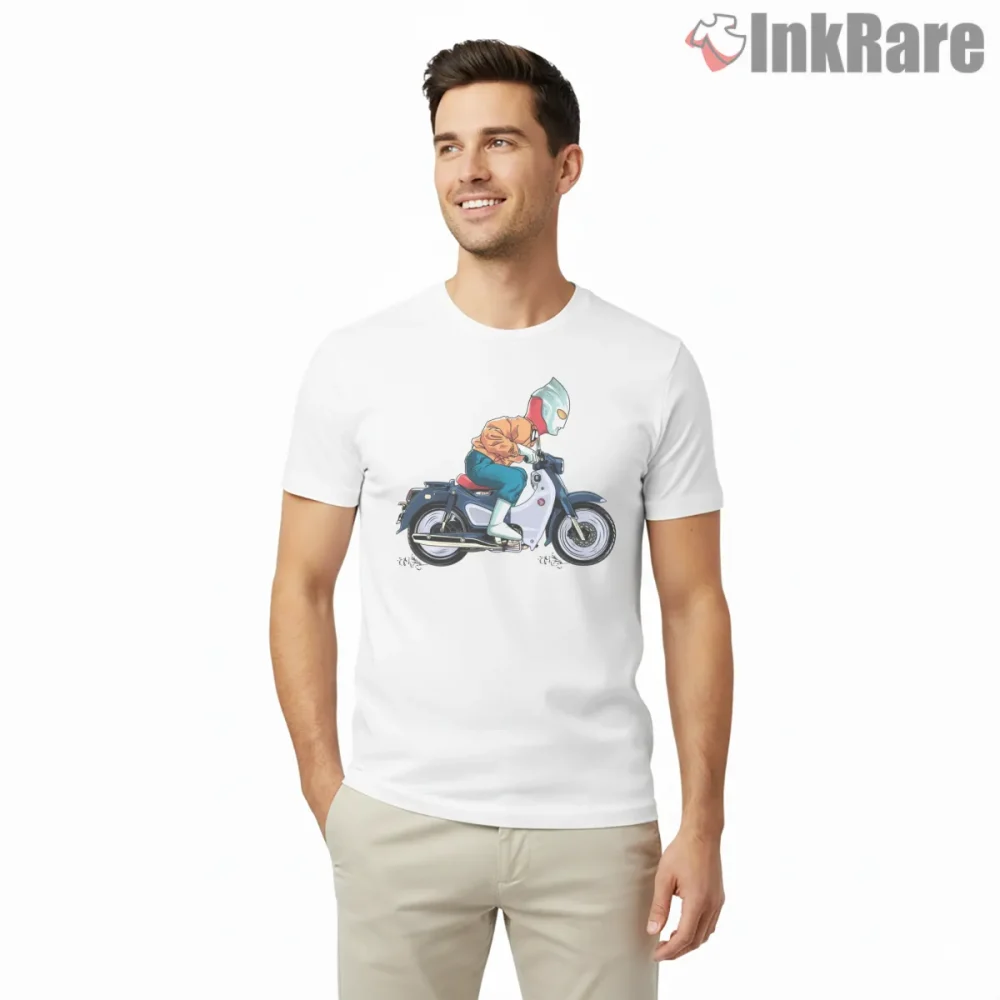 Ultraman Retro Motorcycle Rider Adventure Shirt on white short sleeve shirt for men graphic tee