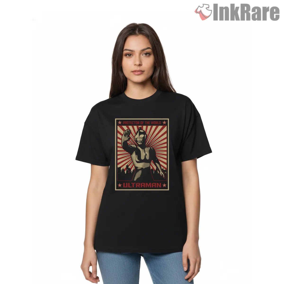 Ultraman Retro Protector Of The World Poster Shirt on black short sleeve shirt for women graphic tee