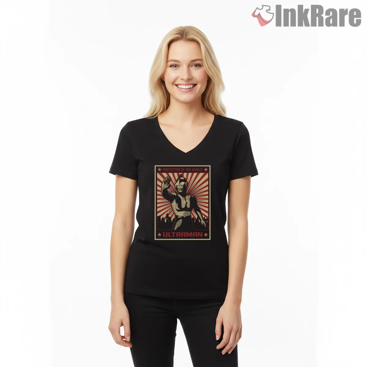 Ultraman Retro Protector Of The World Poster V Neck Black Ultraman Retro Protector Of The World Poster Shirt on black v-neck shirt for women graphic tee