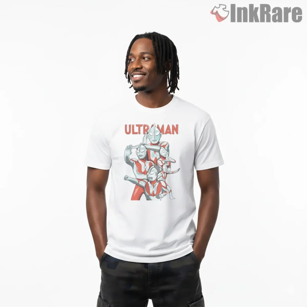 Ultraman Triple Action Hero Team Shirt on white short sleeve shirt for men graphic tee