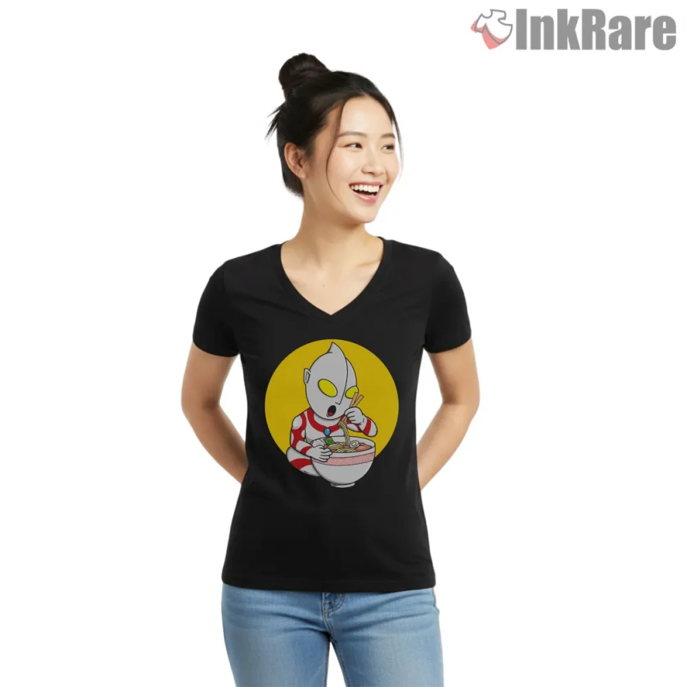 Ultraman Udon Noodle Lover Cartoon Shirt on black v-neck shirt for women graphic tee