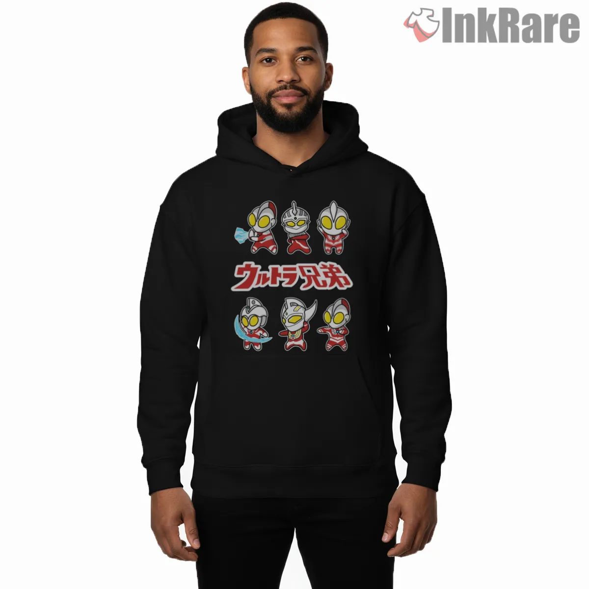 Ultraman Ultra Brothers Kawaii Chibi Team Shirt on black hoodie for men graphic tee