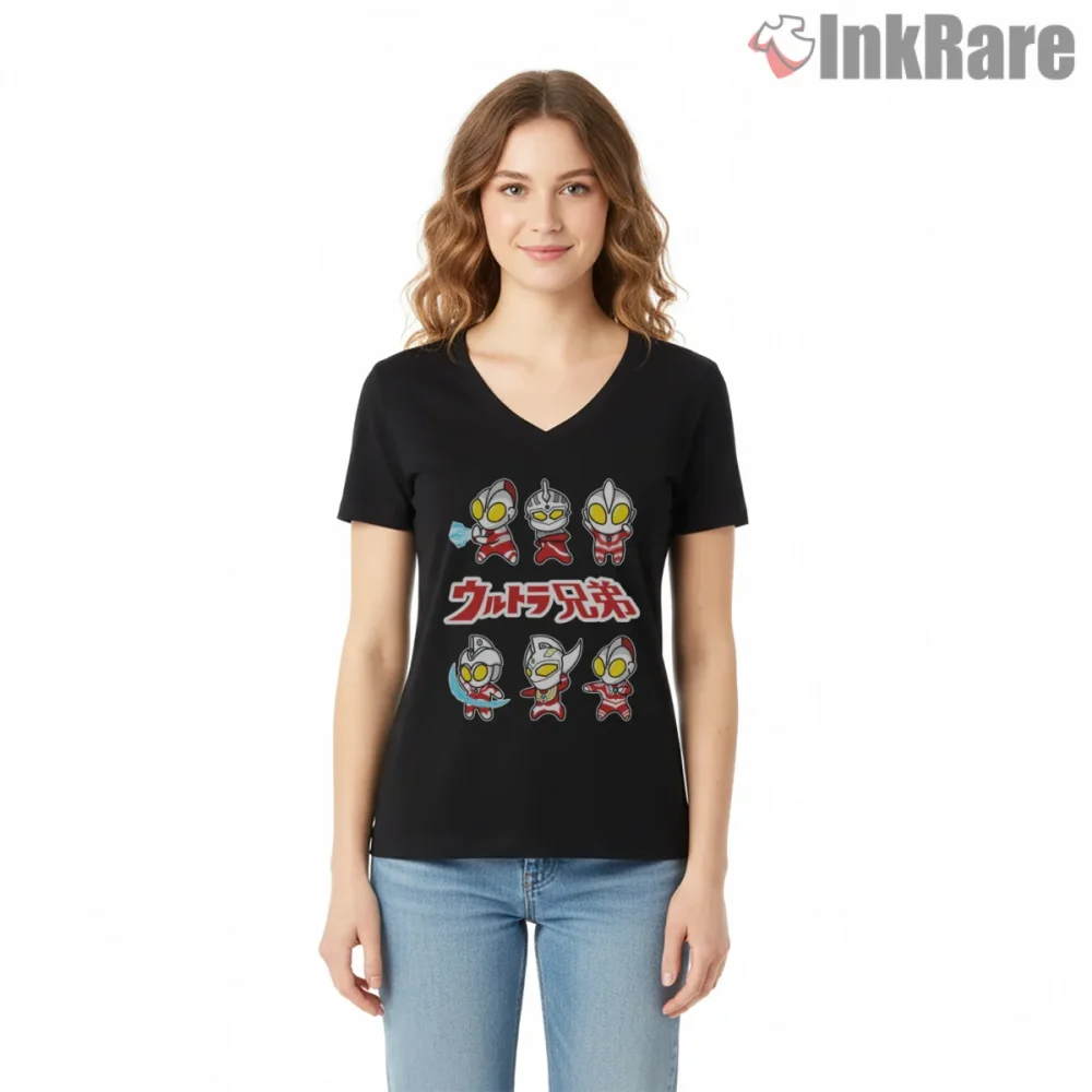 Ultraman Ultra Brothers Kawaii Chibi Team Shirt on black v-neck shirt for women graphic tee