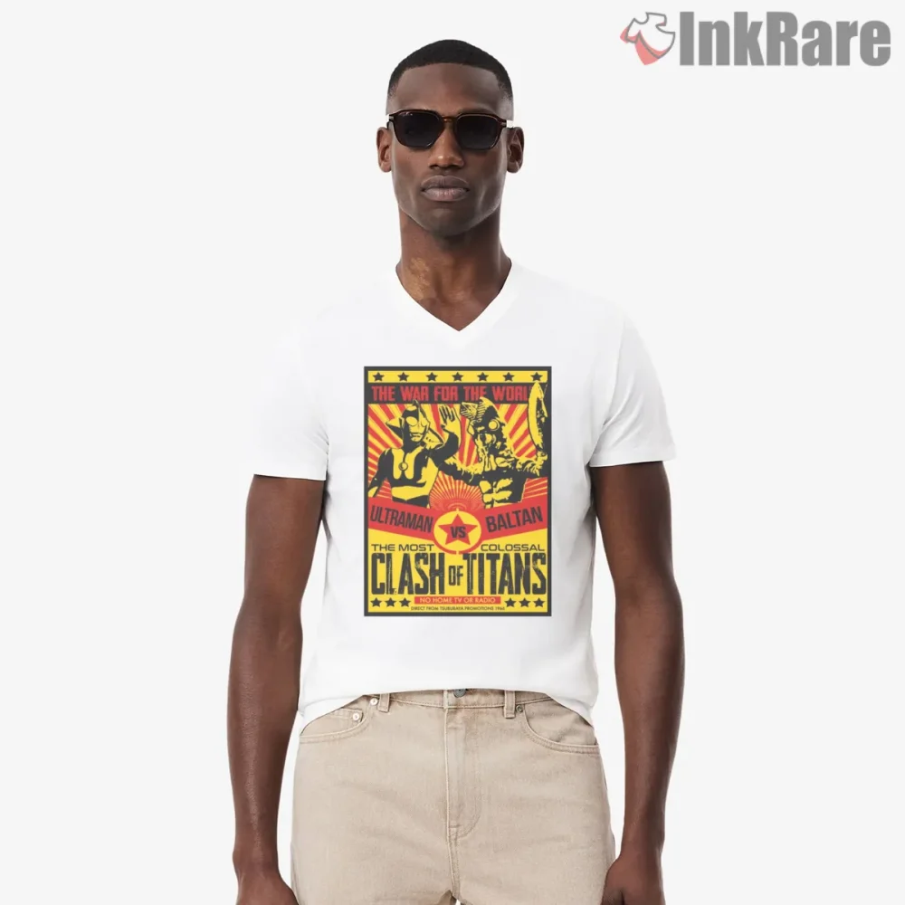 Ultraman Versus Baltan Retro Kaiju Fight Poster Shirt on white v-neck shirt for men graphic tee