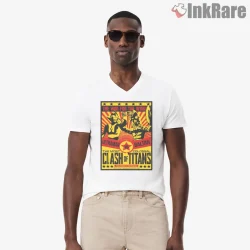 Ultraman Versus Baltan Retro Kaiju Fight Poster Shirt on white v-neck shirt for men graphic tee