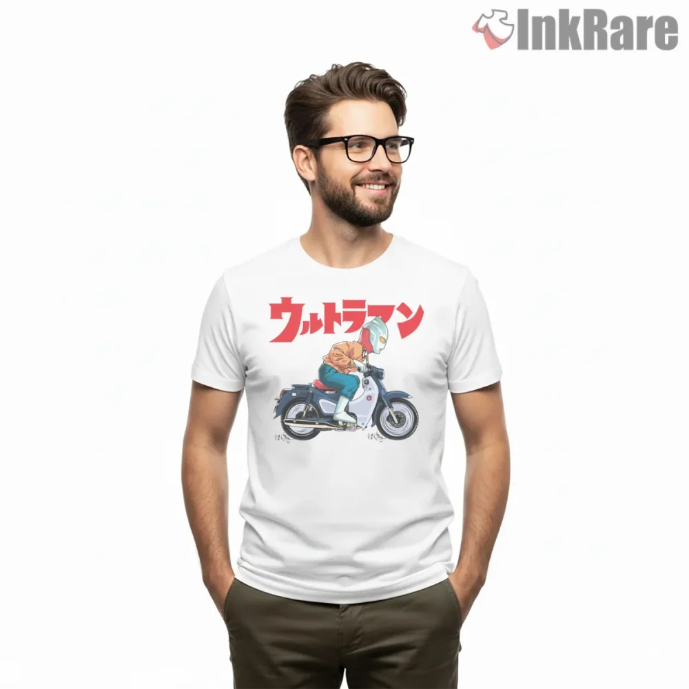 Ultraman Vintage Motorcycle Rider Poster Shirt on white short sleeve shirt for men graphic tee