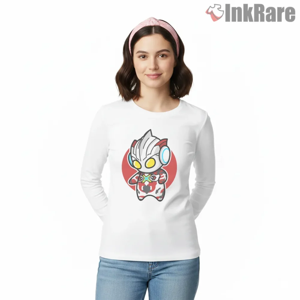 Ultraman X Kawaii Chibi Hero Power Shirt on white long sleeve shirt for women graphic tee