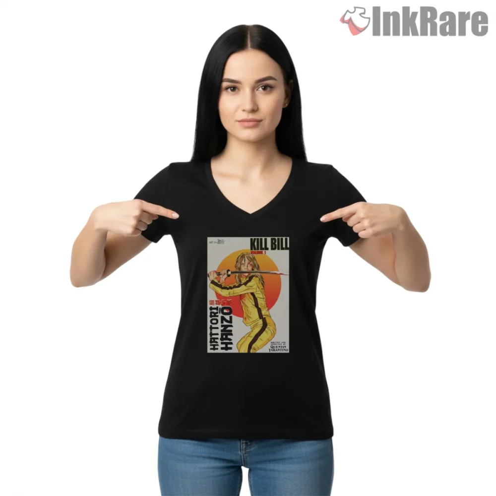 Uma Thurman Kill Bill Japanese Poster Style Shirt on black v-neck shirt for women graphic tee