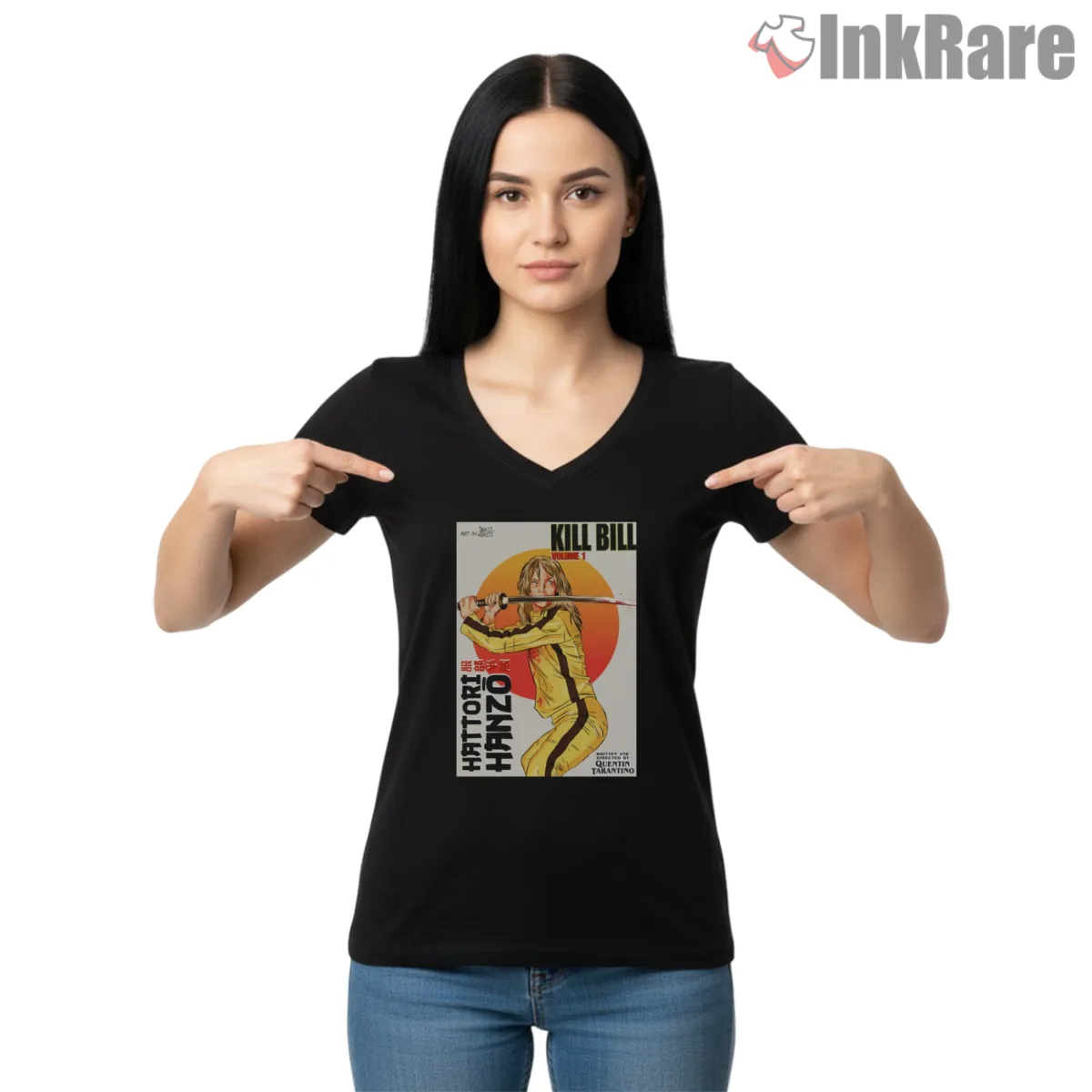 Uma Thurman Kill Bill Japanese Poster Style V Neck Black Uma Thurman Kill Bill Japanese Poster Style Shirt on black v-neck shirt for women graphic tee