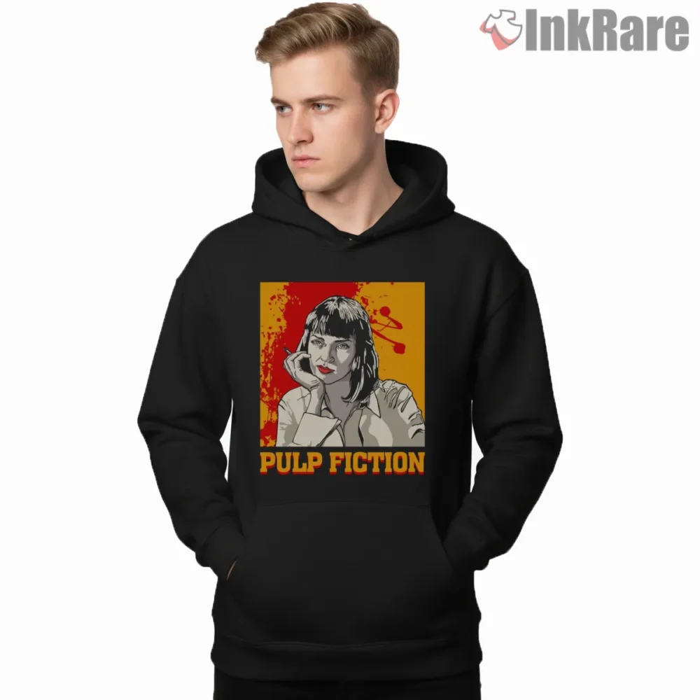 Uma Thurman Pulp Fiction Poster Shirt on black hoodie for men graphic tee