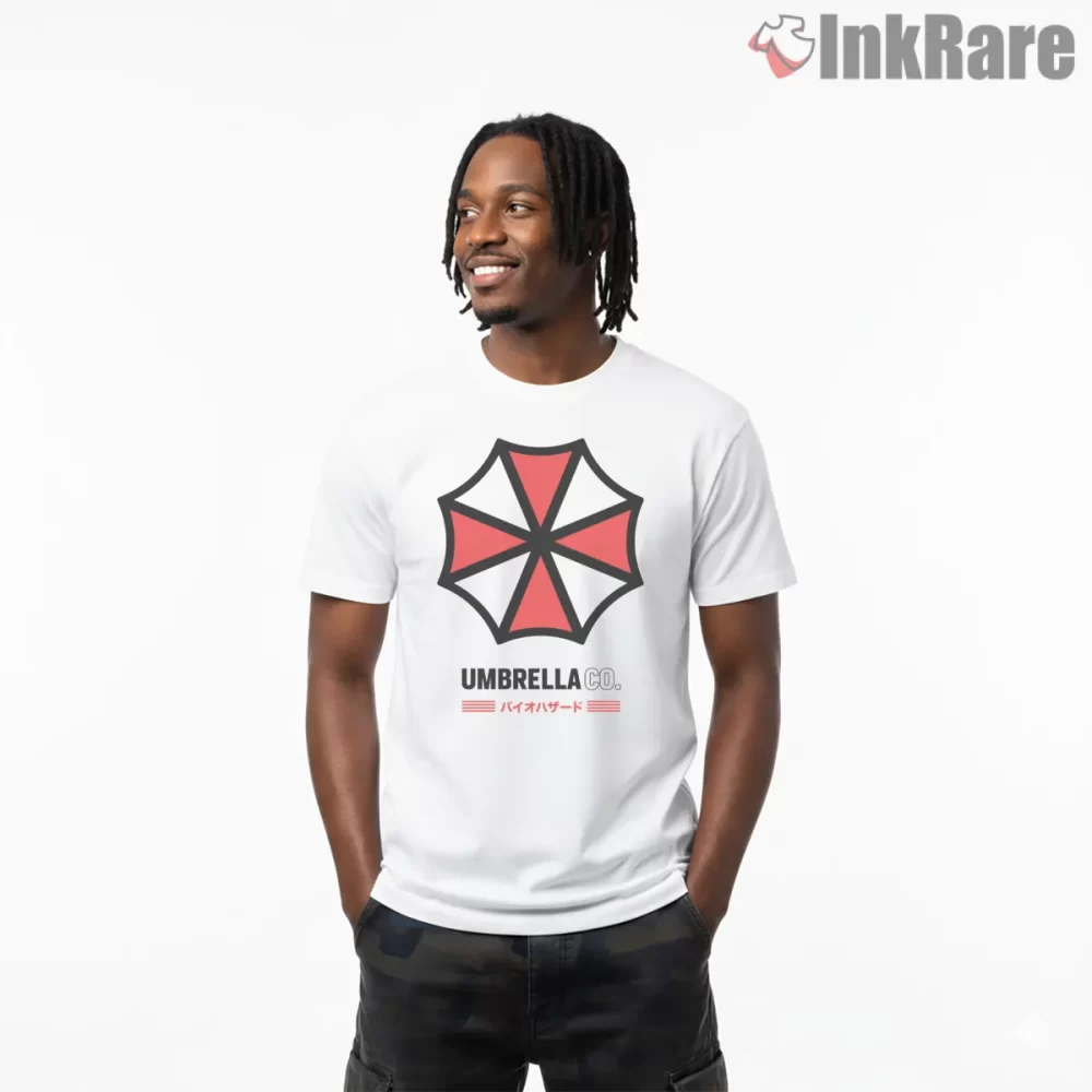 Umbrella Corporation Classic Distressed Logo Shirt on white short sleeve shirt for men graphic tee
