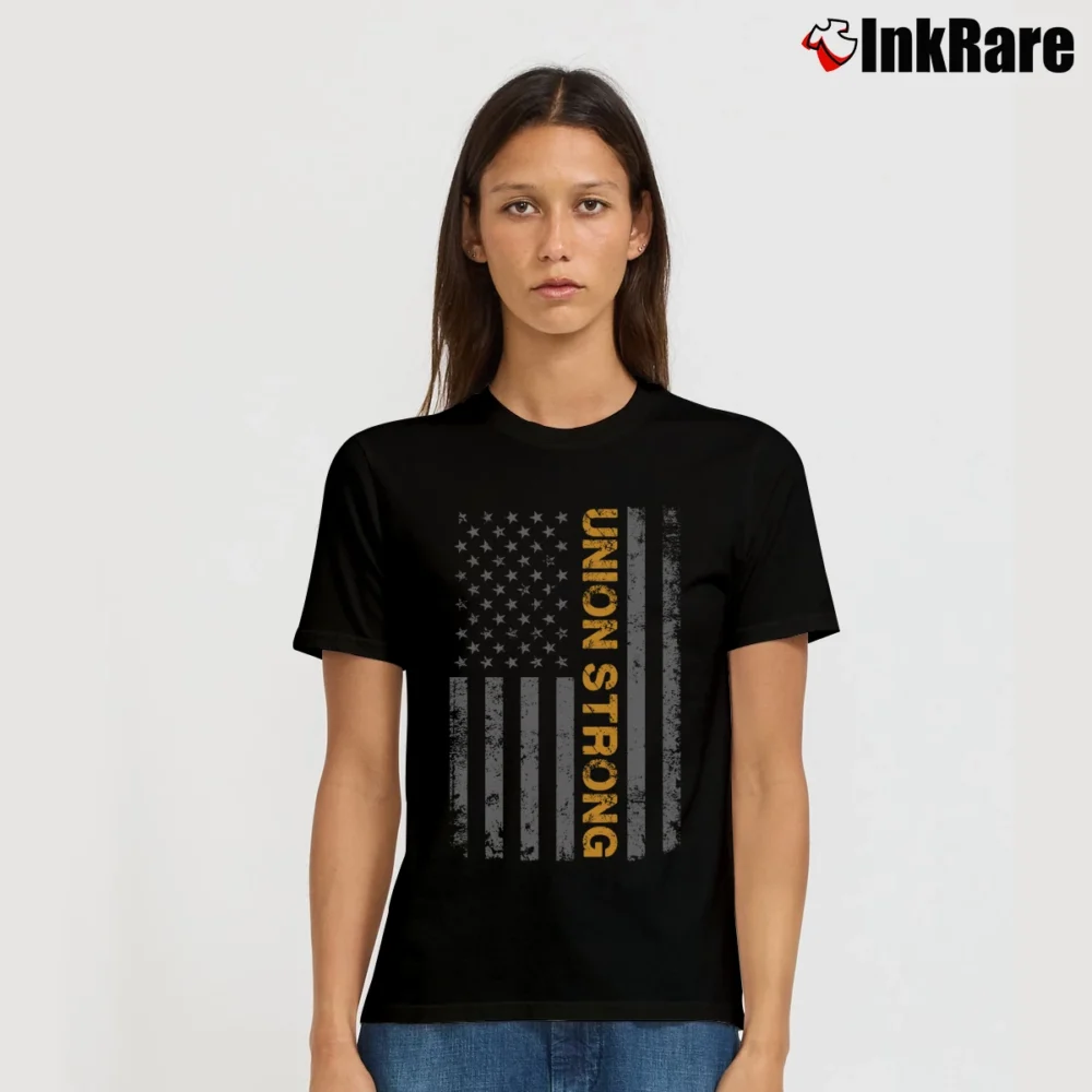 Women’s union strong american flag retro for Patriotic and Union Workers Signature T-Shirt in black | Soft, Flattering Fit