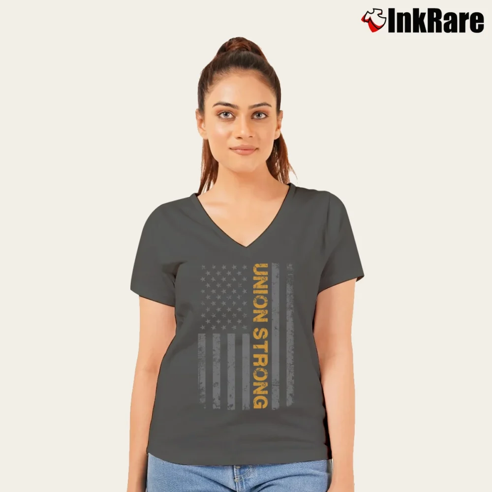 Women’s union strong american flag retro for Patriotic and Union Workers V-Neck Tee in charcoal | Chic Neckline, Soft Texture