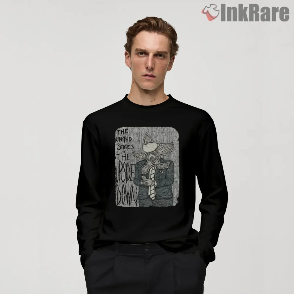 United States Of The Upside Down Vintage Poster Shirt on black long sleeve shirt for men graphic tee