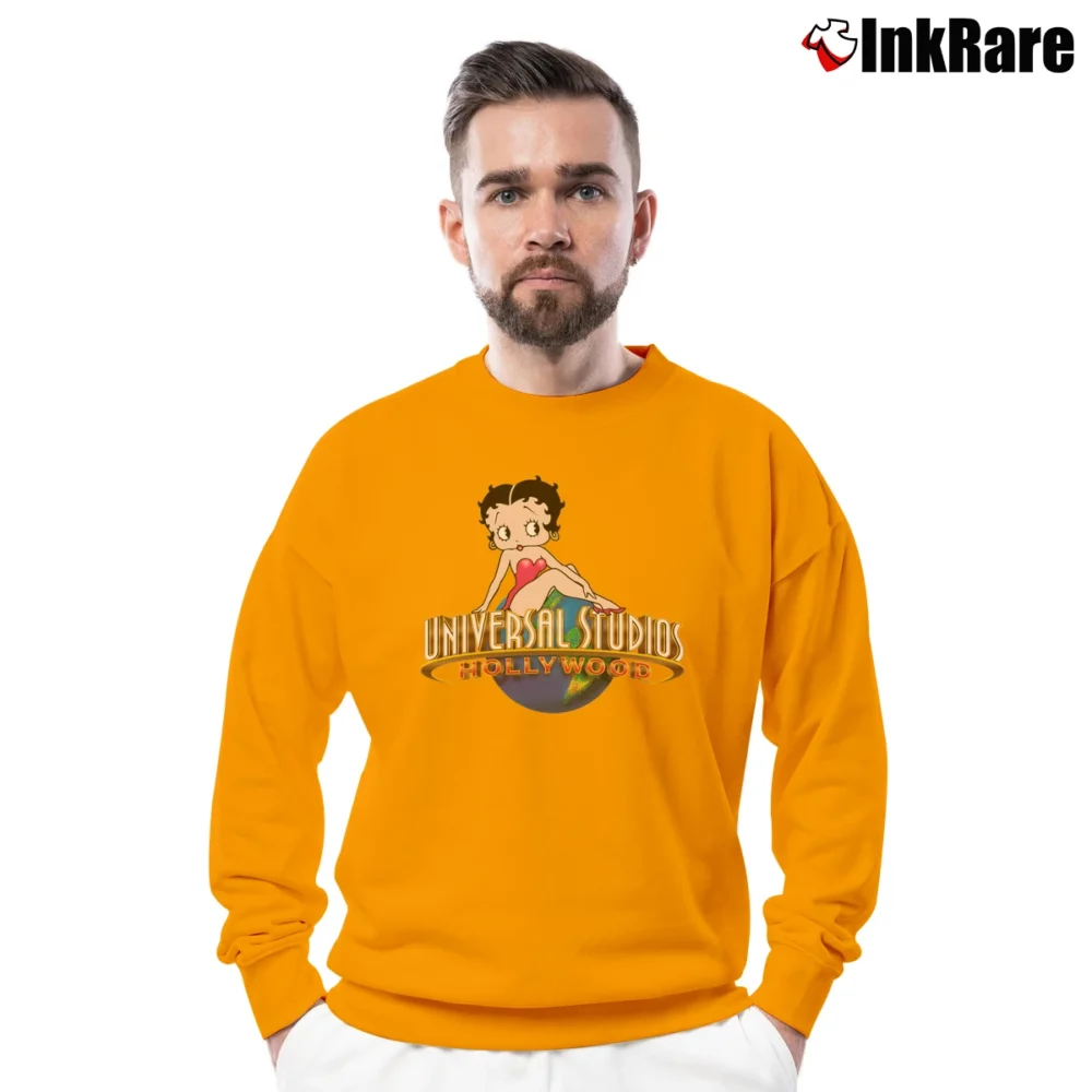 Men’s Universal Studios Betty Boop Cartoon Crewneck Sweatshirt in orange | Cozy Fabric, Clean Style