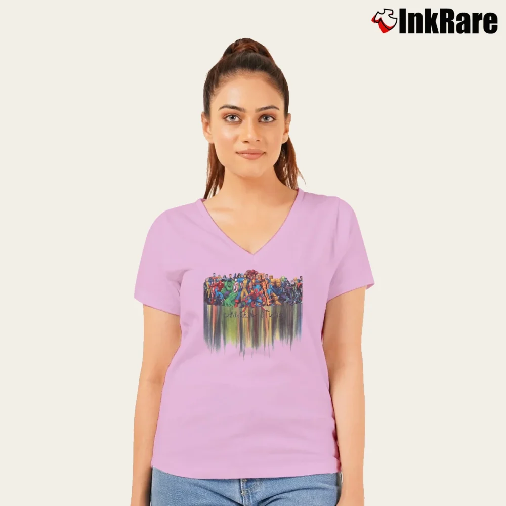 Women’s Universal Studios Marvel Comics Crossover V-Neck Tee in light pink | Chic Neckline, Soft Texture