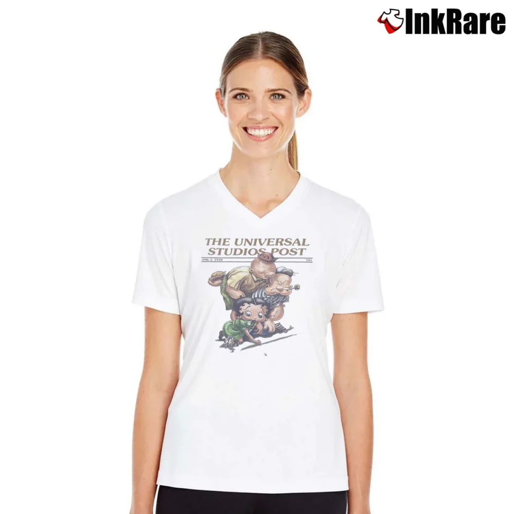 Women’s Universal Studios Popeye And Betty Boop Cartoon V-Neck Tee in white | Chic Neckline, Soft Texture