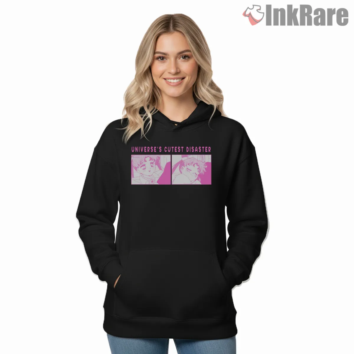 Universe Cutest Disaster Usagi Tsukino Retro Anime Shirt on black hoodie for women graphic tee