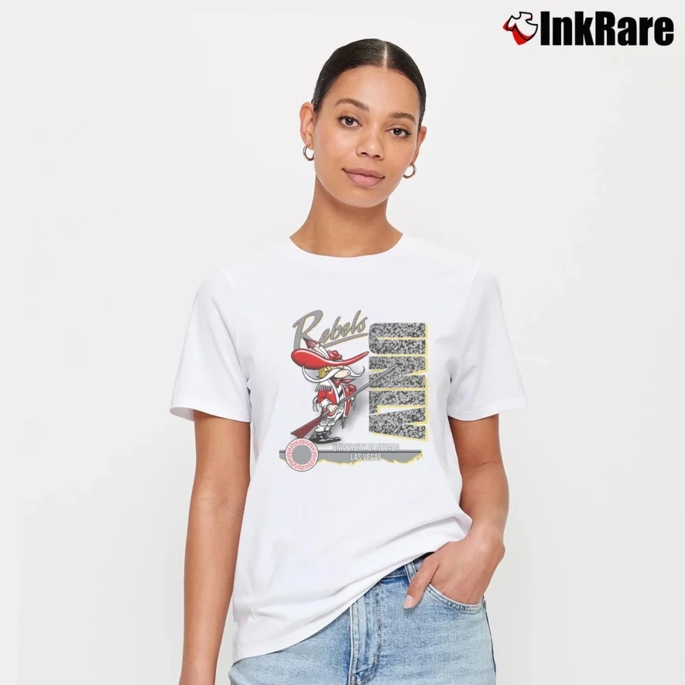 Women’s UNLV Runnin Rebels Hey Reb Mascot 90s March Madness Signature T-Shirt in white | Soft, Flattering Fit