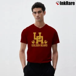 Men’s Upper Arlington Golden Bear Mascot V-Neck Tee in maroon | Sharp, Breathable, Everyday Staple