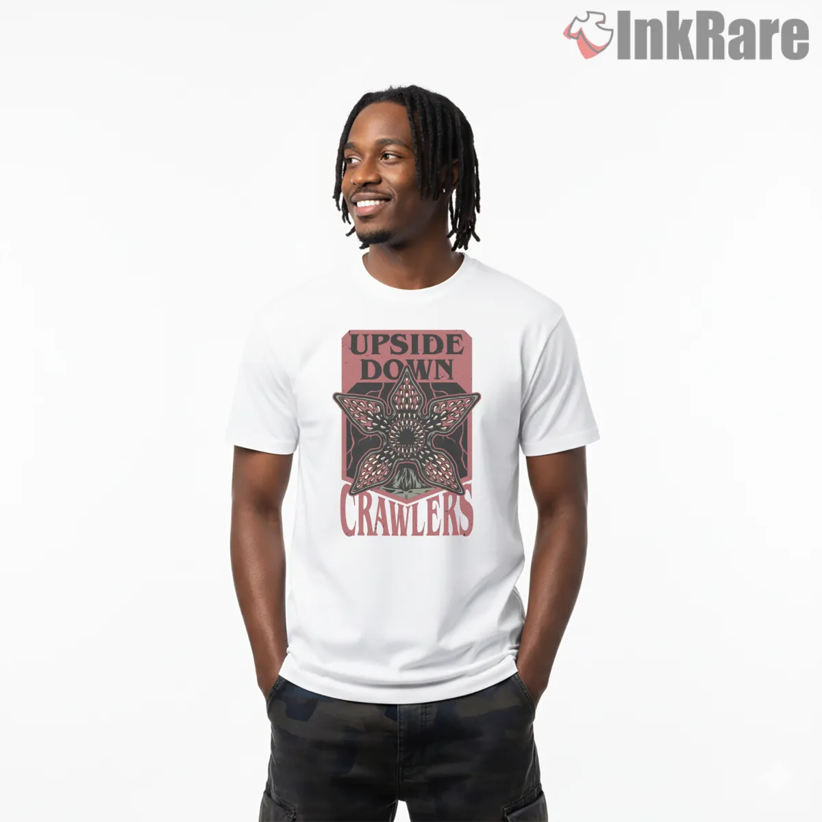Upside Down Crawlers Demogorgon Monster Badge Short Sleeve White Upside Down Crawlers Demogorgon Monster Badge Shirt on white short sleeve shirt for men graphic tee