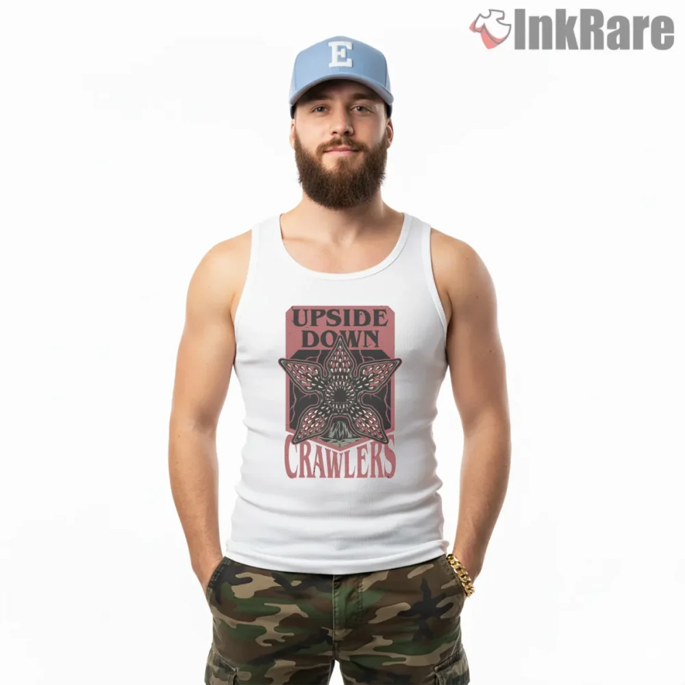 Upside Down Crawlers Demogorgon Monster Badge Shirt on white tank top for men graphic tee
