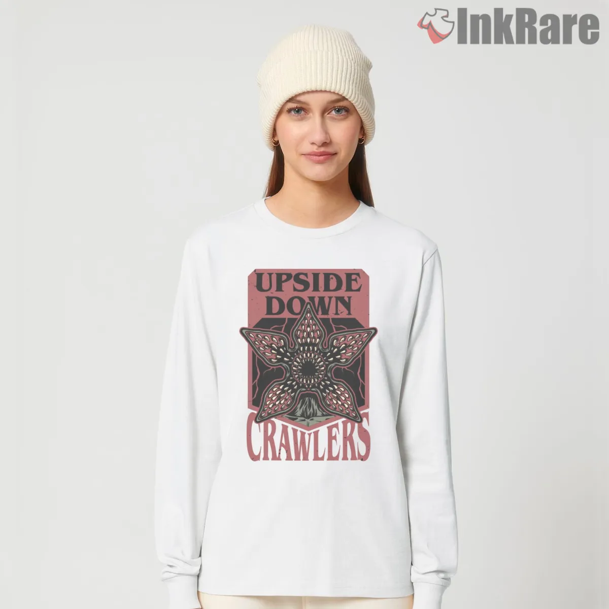 Upside Down Crawlers Demogorgon Monster Badge Long Sleeve White Upside Down Crawlers Demogorgon Monster Badge Shirt on white long sleeve shirt for women graphic tee