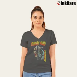 Women’s Urban Outters Nasty Nas Graphic V-Neck Tee in charcoal | Chic Neckline, Soft Texture