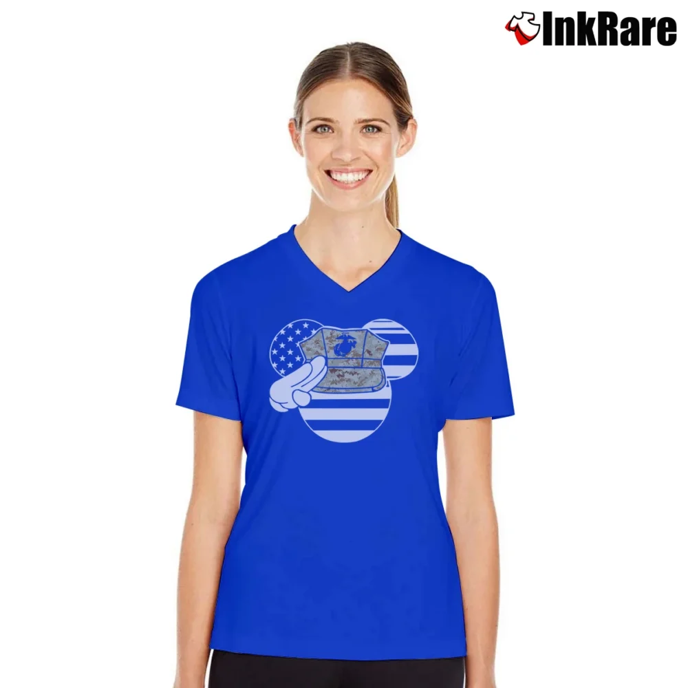 Women’s US Corps Mickey Mouse Military Style V-Neck Tee in royal blue | Chic Neckline, Soft Texture