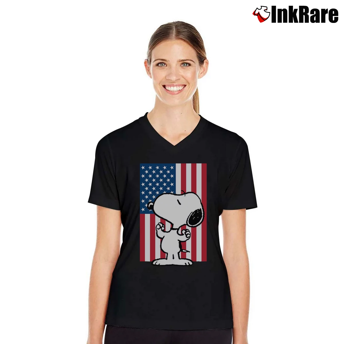 Women’s USA Flag Snoopy V-Neck Tee in black | Chic Neckline, Soft Texture