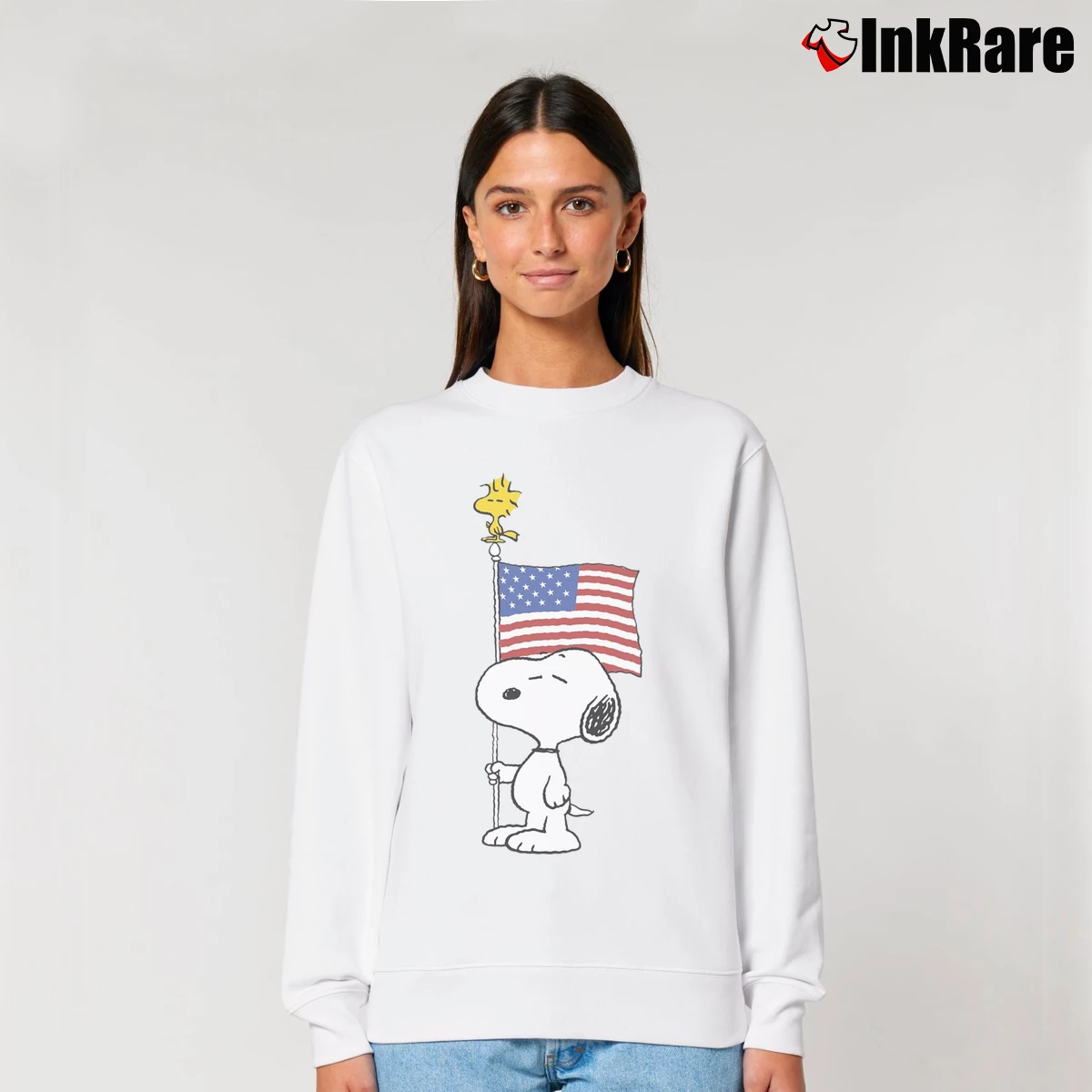 USA Snoopy And Woodstock Women’s Relaxed Sweatshirt in white – Cozy Casual Women’s USA Snoopy And Woodstock Relaxed Sweatshirt in white | Soft, Laid-Back Vibe