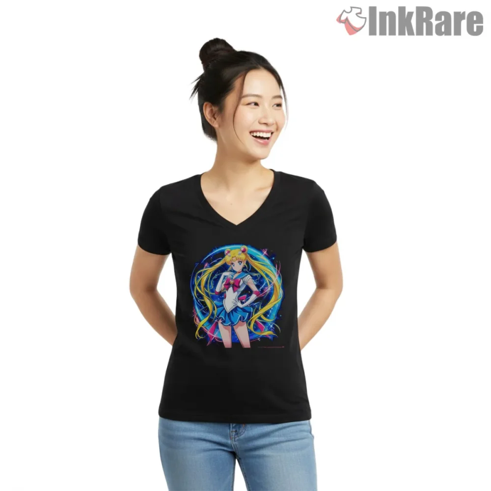 Usagi Tsukino Bright Aura Anime Shirt on black v-neck shirt for women graphic tee