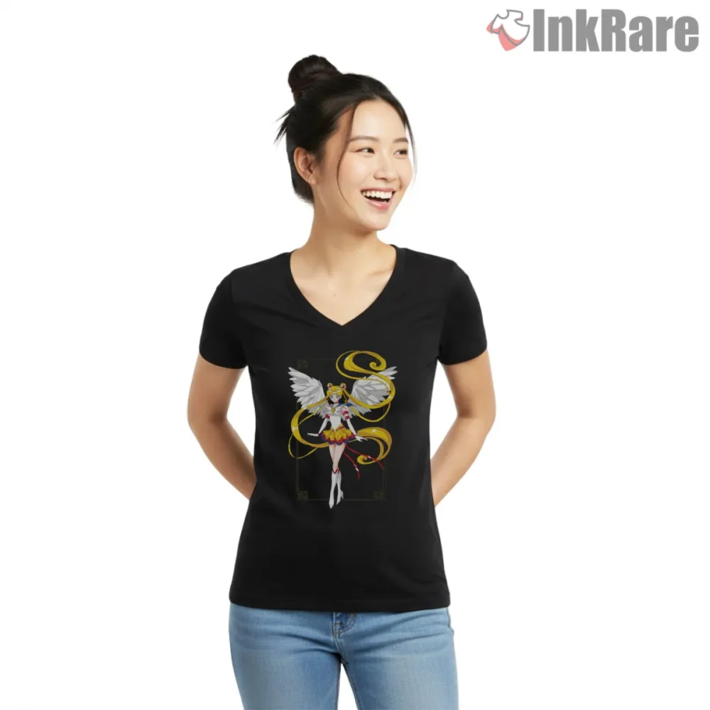 Usagi Tsukino Classic Sailor Moon Shirt on black v-neck shirt for women graphic tee