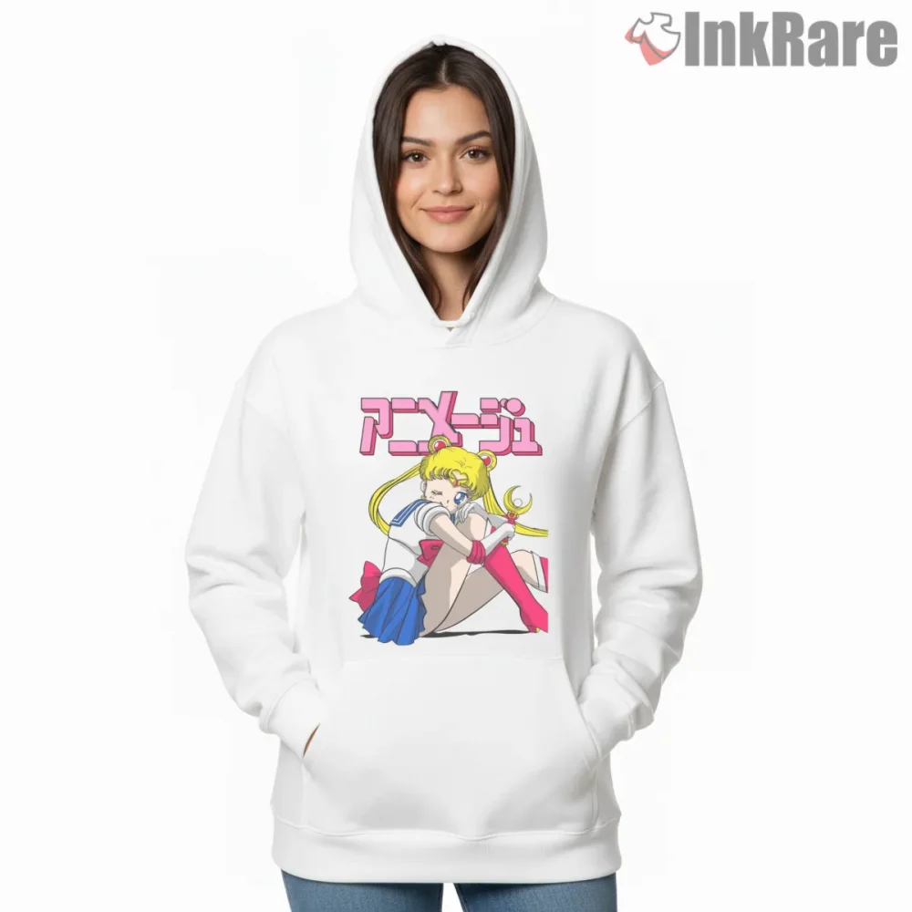 Usagi Tsukino Classic Seated Pose Anime Shirt on white hoodie for women graphic tee
