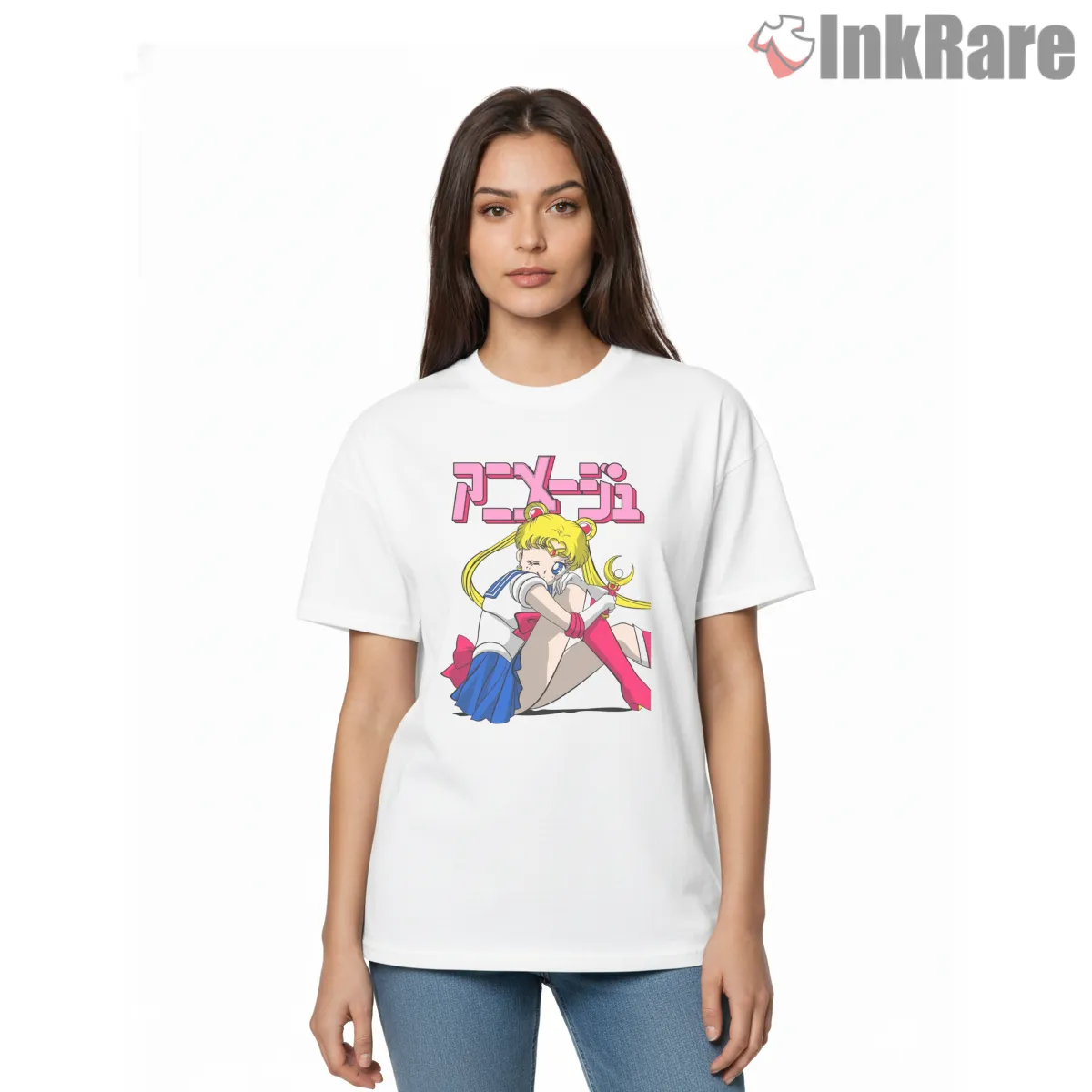 Usagi Tsukino Classic Seated Pose Anime Short Sleeve White Usagi Tsukino Classic Seated Pose Anime Shirt on white short sleeve shirt for women graphic tee