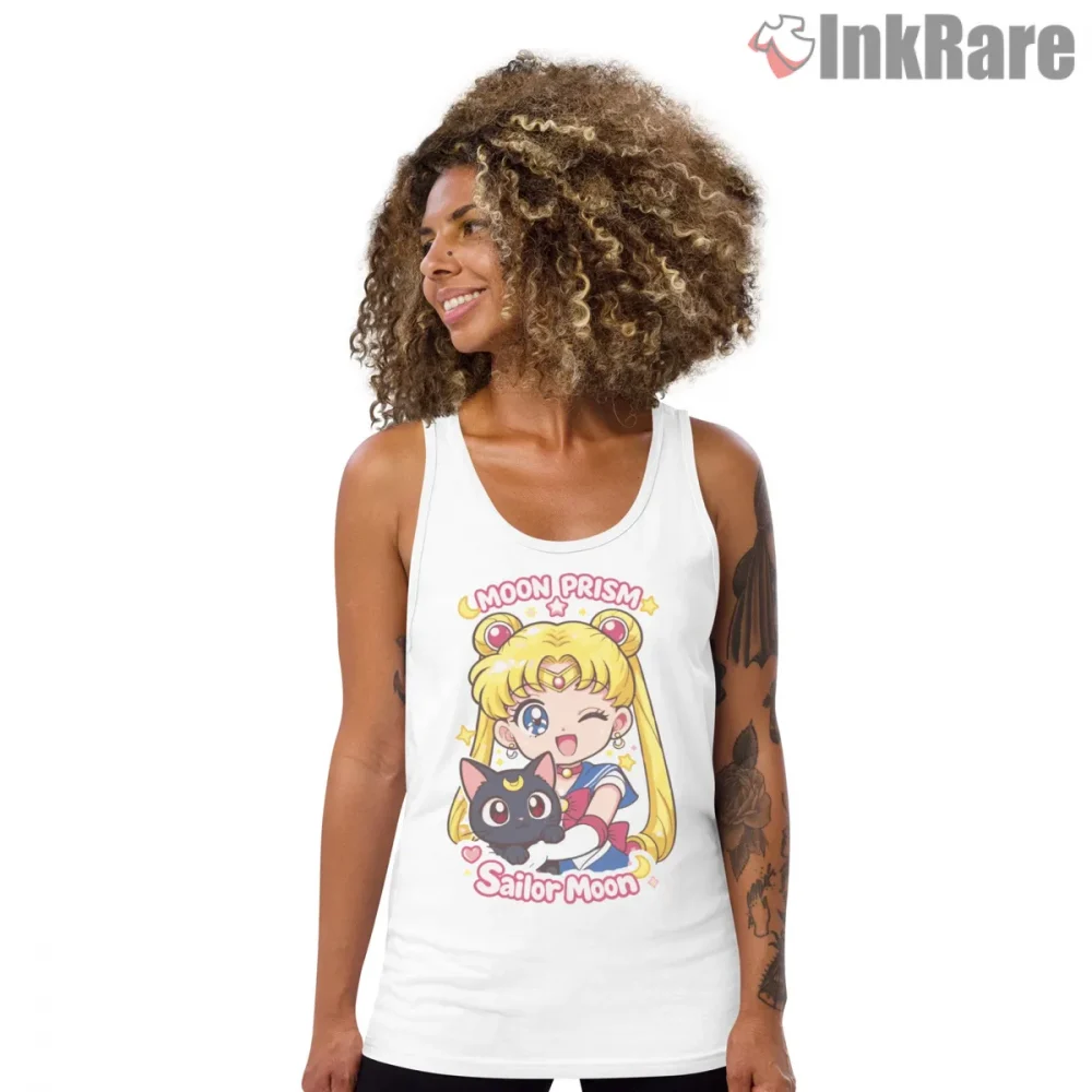 Usagi Tsukino Cute Companion Anime Shirt on white tank top for women graphic tee