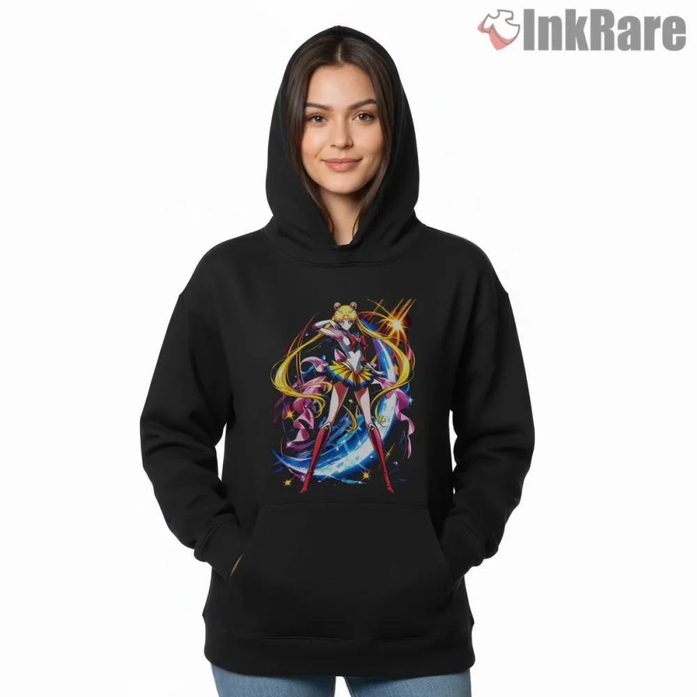Usagi Tsukino Energetic Magical Girl Anime Shirt on black hoodie for women graphic tee