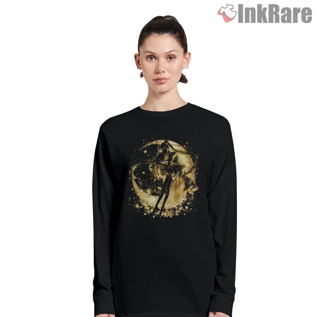 Usagi Tsukino Golden Silhouette Anime Shirt on black long sleeve shirt for women graphic tee