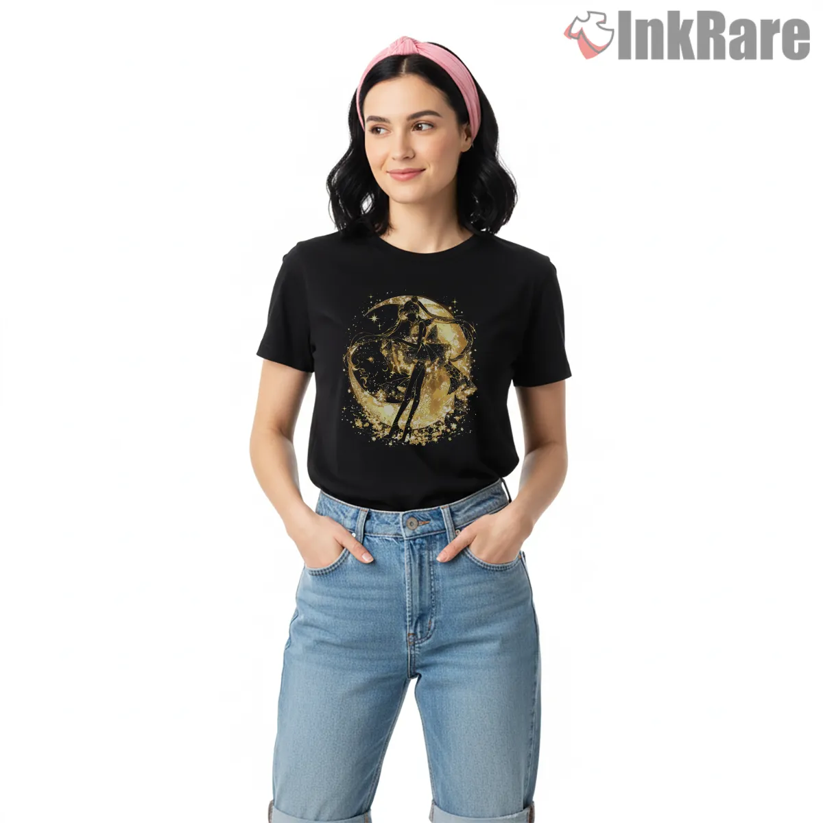 Usagi Tsukino Golden Silhouette Anime Short Sleeve Black Usagi Tsukino Golden Silhouette Anime Shirt on black short sleeve shirt for women graphic tee