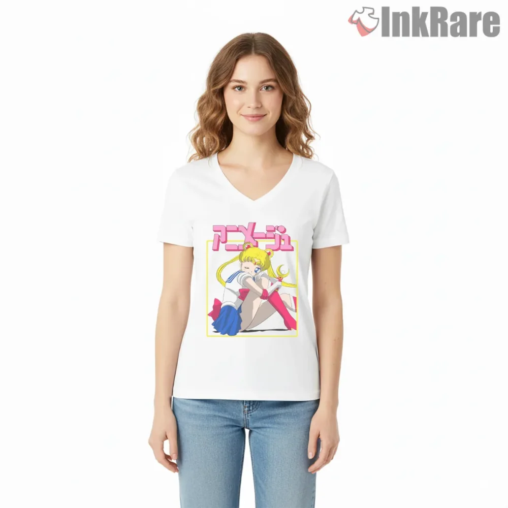 Usagi Tsukino Magical Staff Pose Anime Shirt on white v-neck shirt for women graphic tee